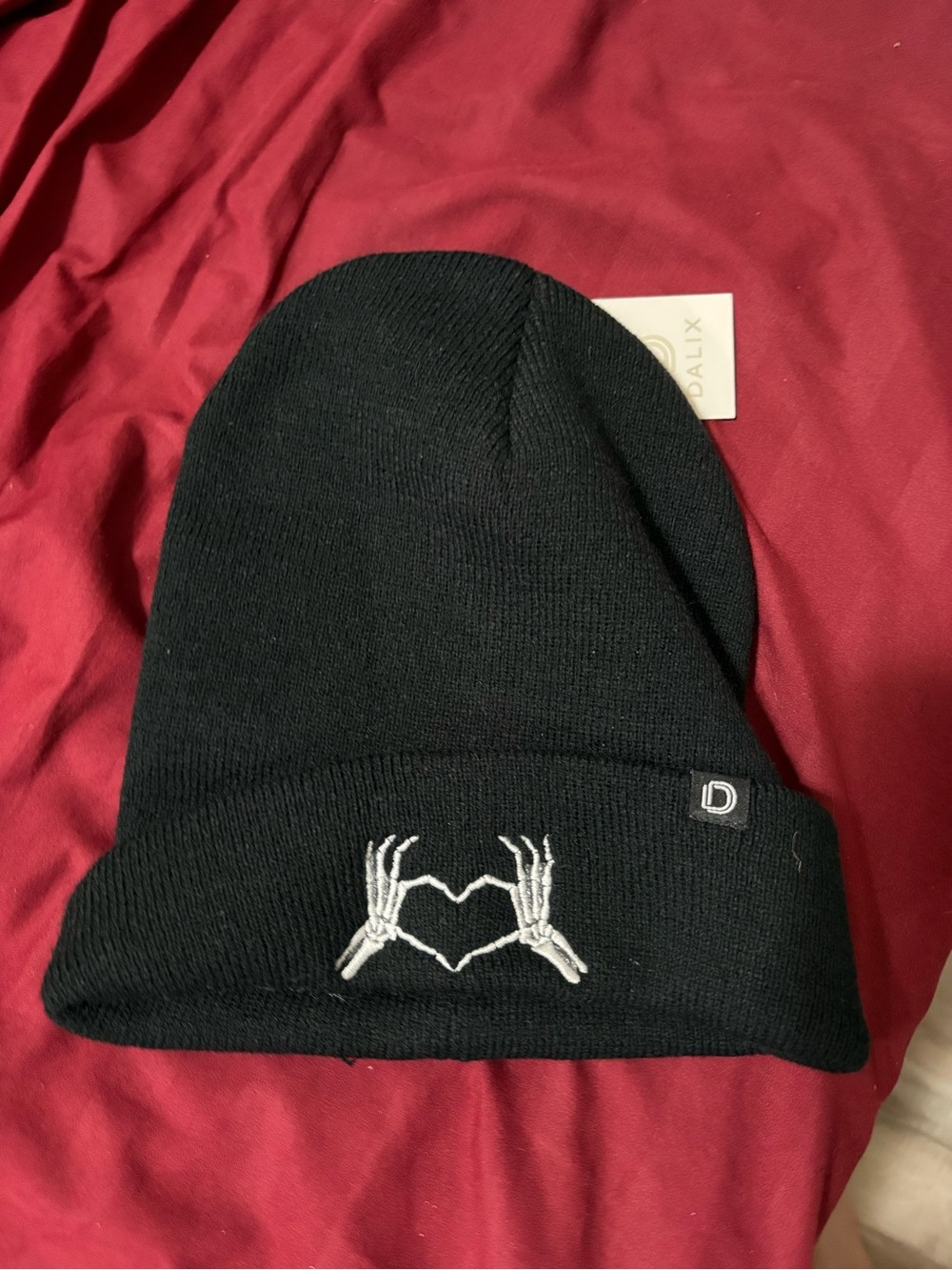 Black Knit Beanie with Skeleton Hand Heart Embroidery